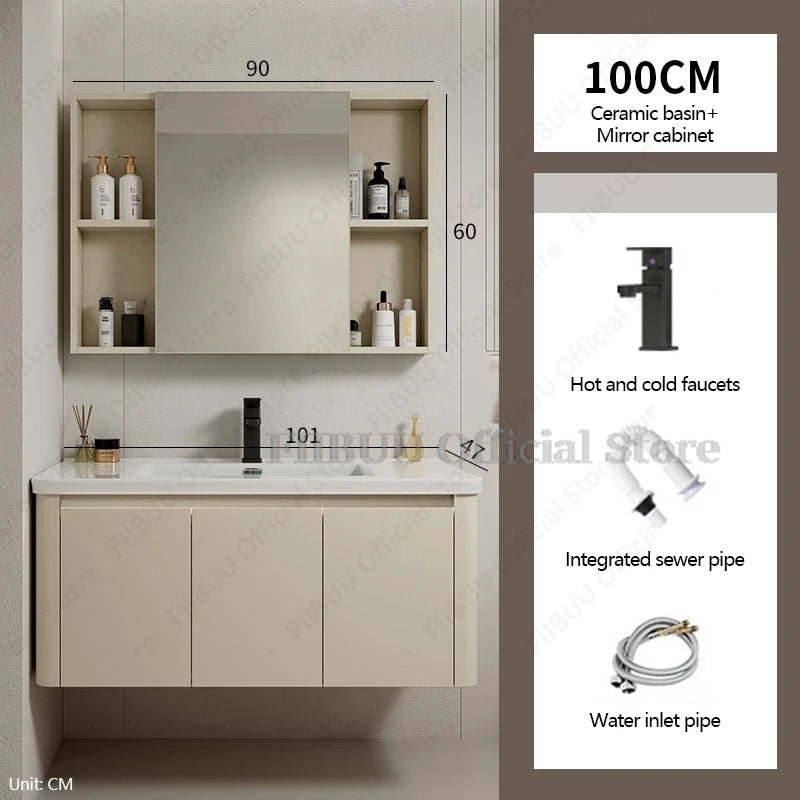 Bathroom Cabinet with Rounded Corners Ceramic Washbasin Wall-mounted Bathroom Dressing Storage Cabinet with Mirror and Faucet