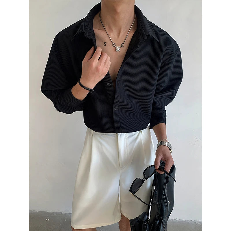 Autumn Men's Clothing Light Luxury Pleated Shirt Leisure Long Sleeve Drapped Solid Color Loose Basic Business Casual Shirts Men