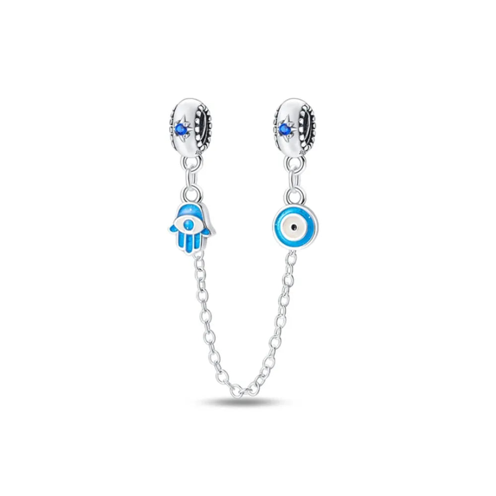 New 925 Silver Horseshoe Clover Star Cat Charm True eyes Pendant Safety Chain Bead Fit Original Bracelet Jewellery Gift dragon