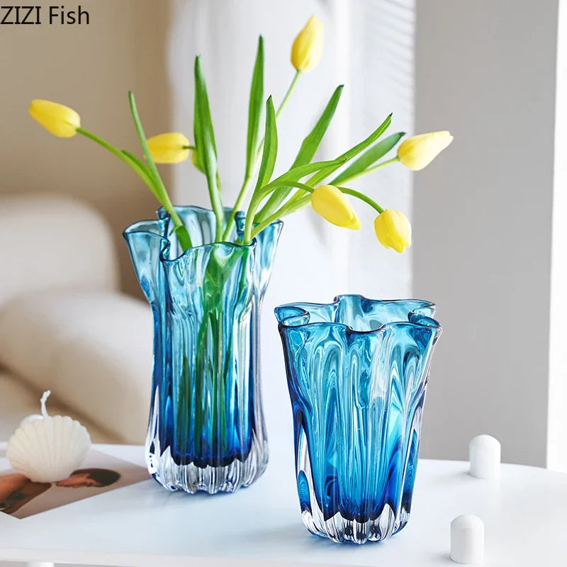 Transparent Blue Hydroponic Glass Vase Flower Pots Desk Decoration Flowers Arrangement Modern Floral Vases Room Aesthetic Decor