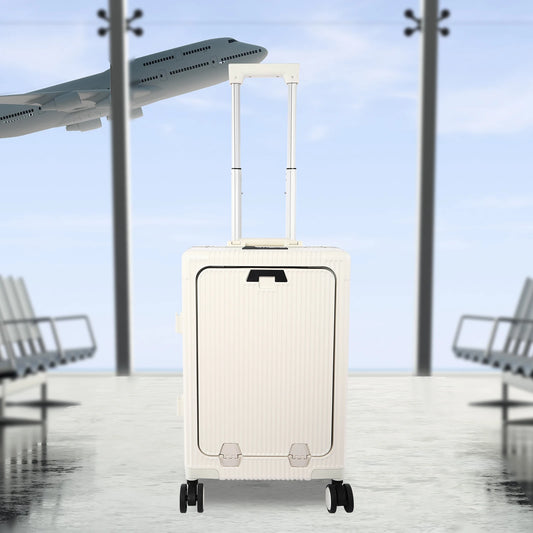 20 Inch Carry On Luggage with Front Pocket PC Hardside Spinner Wheel Suitcase with Cup Holder & USB Charging Port  White
