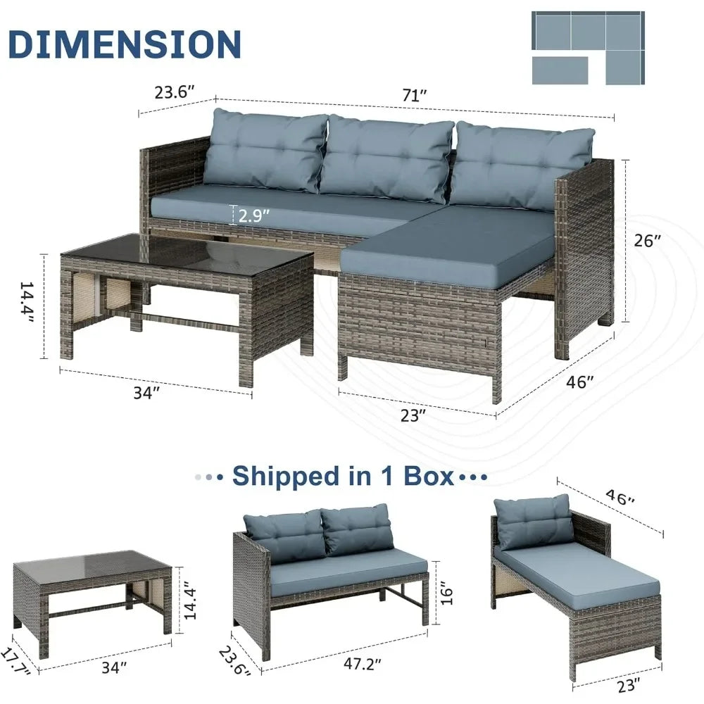 3-Piece Outdoor Patio Furniture Set – Waterproof All-Weather L-Shaped Sectional Sofa with Cushions & Glass Table for Durable Ou