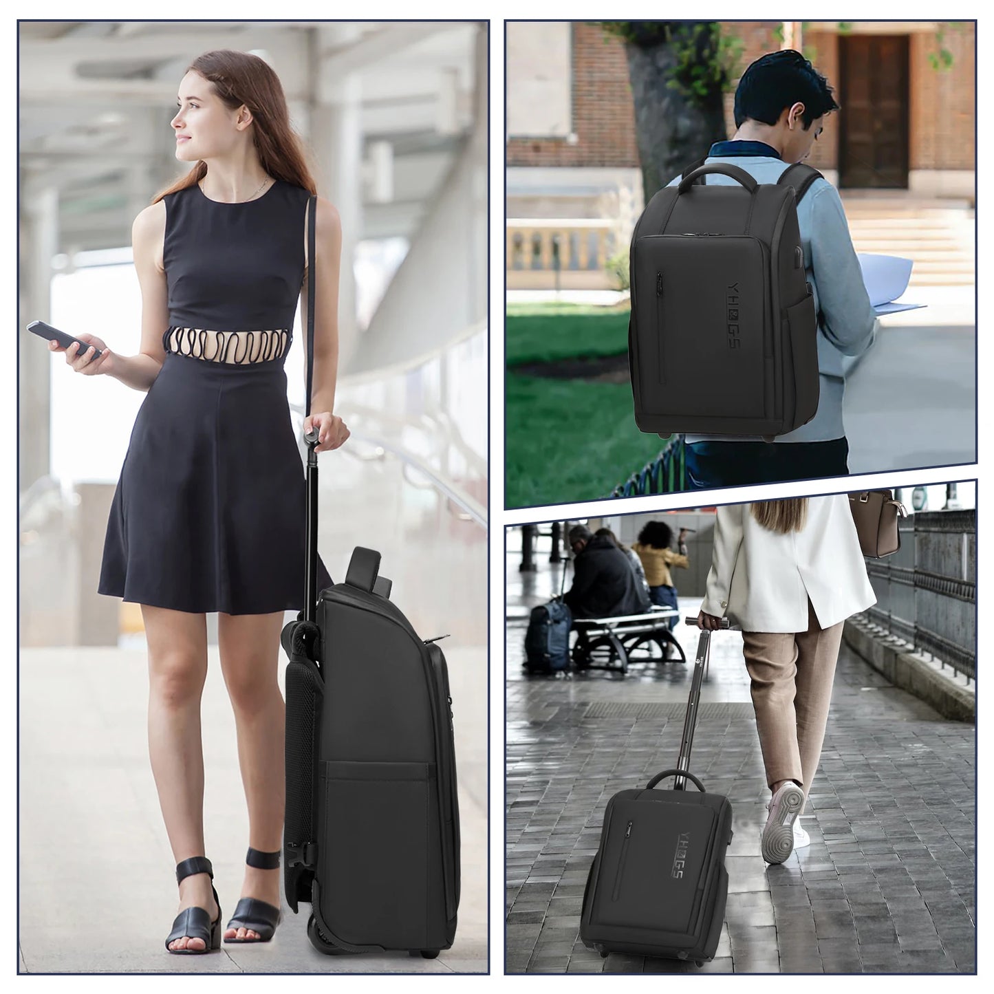 RUCYEN Rolling Backpack 15.6in Laptop Water Resistant Large Capacity Travel Luggage Wheeled Backpack with USB Shoulders Luggage