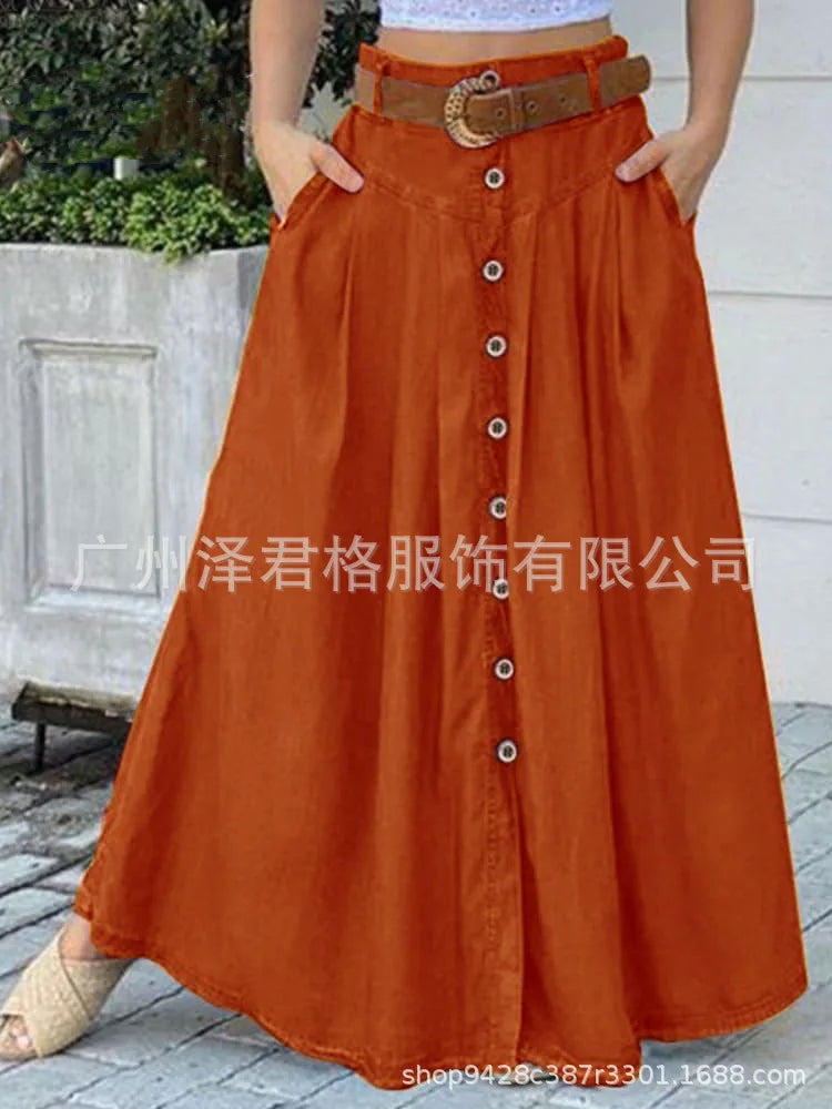 Women's Clothing 2025 woman Skirts Summer New Style Leisure A-line Cotton Hemp Medium length Elastic Waist Swing Half body Skirt