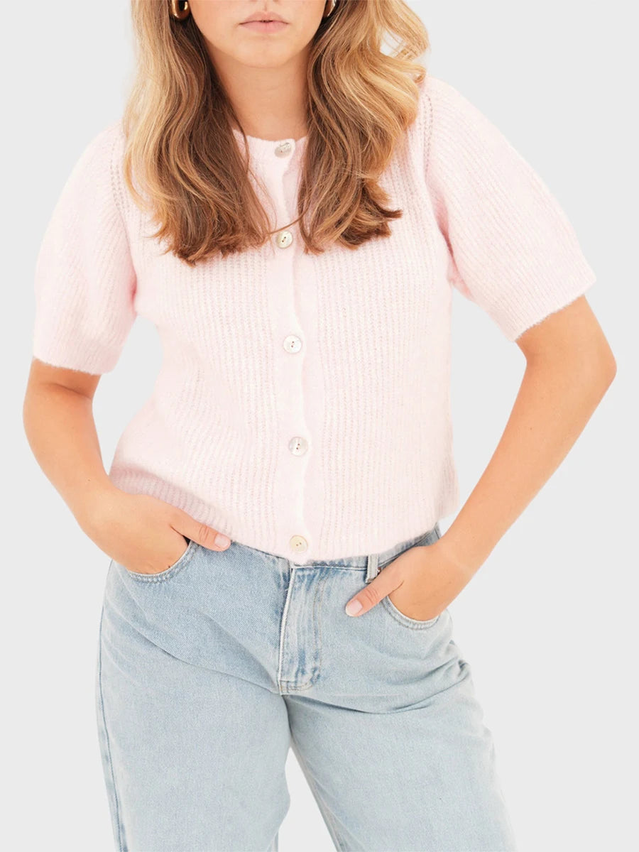 Women s V-Neck Button Down Knit Cardigan Sweater Solid Color Ribbed Loose Fit Short Sleeve Cropped Pullover Top