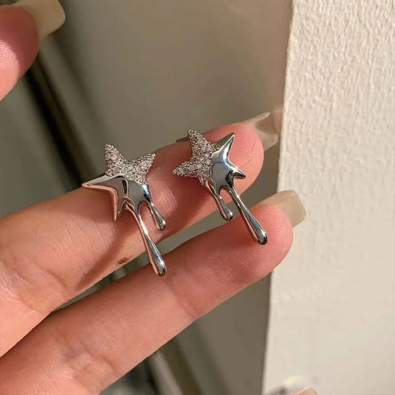 2025 Fashion Silver Color Cross Star Zircon Stud Earrings for Women Girl Korean Four-Pointed Star Personality Earrings Jewellery