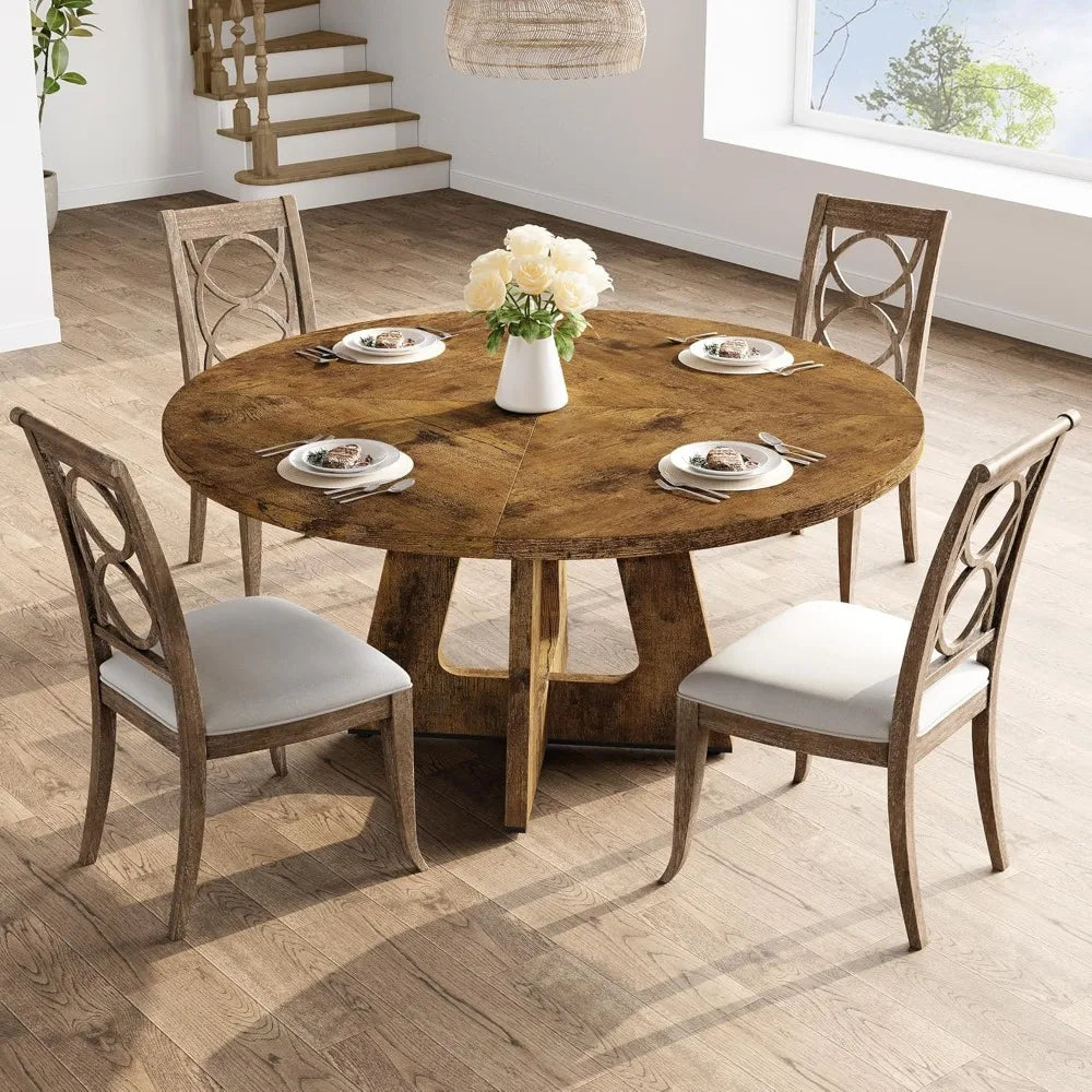 Round Large Dining Table Farmhouse Dinner Table with Wooden Top and Legs for Home Dining Room