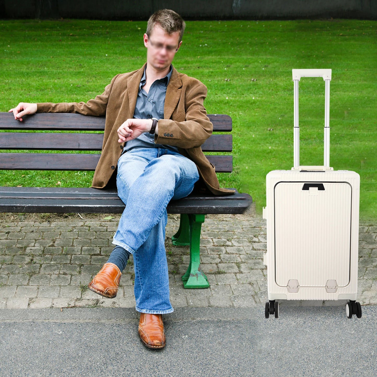 20 Inch Carry On Luggage with Front Pocket PC Hardside Spinner Wheel Suitcase with Cup Holder & USB Charging Port  White