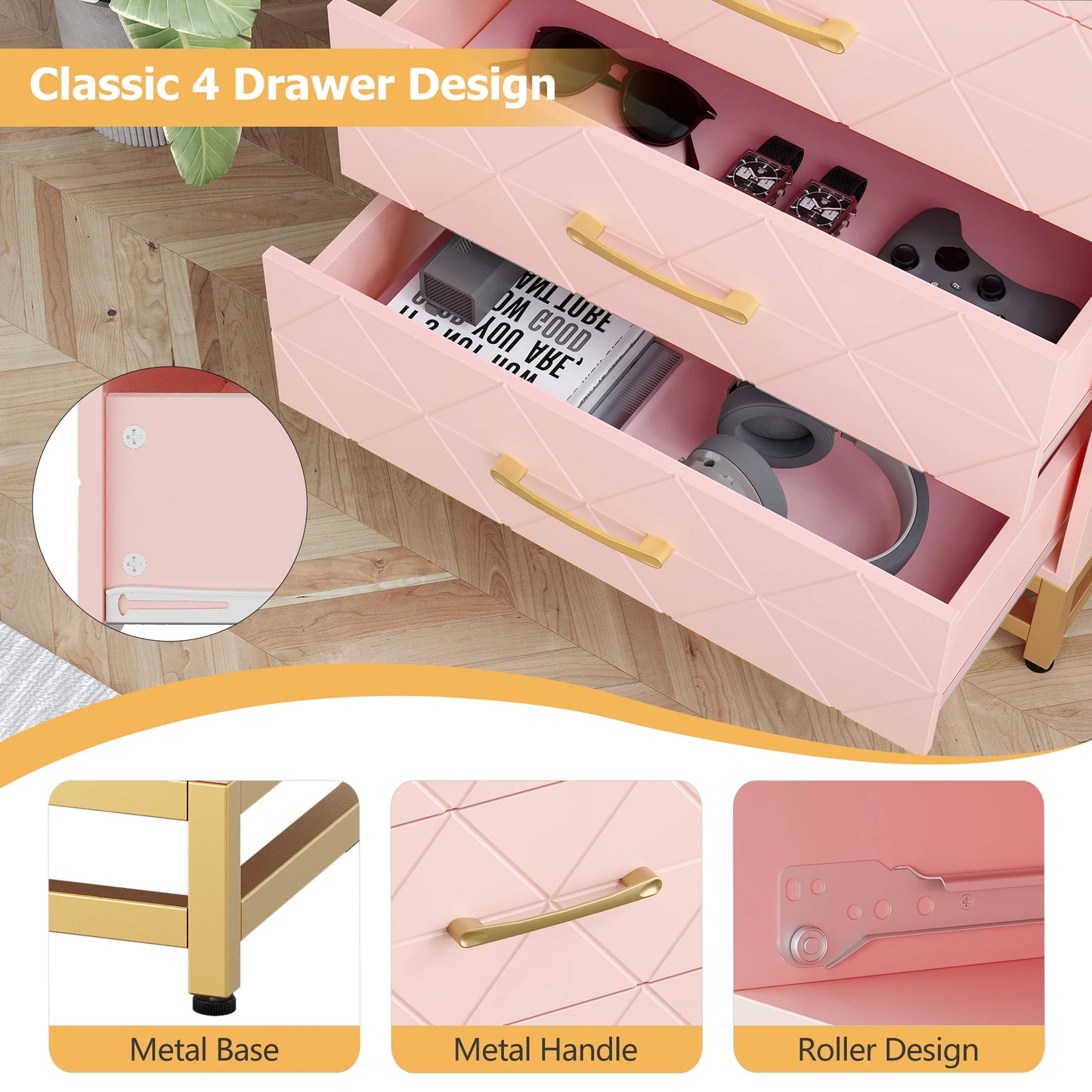 4 Drawer Dresser for Bedroom, Wood Dresser Chest of Drawers with Wide Drawers and Gold Handles, Storage Organizer Unit