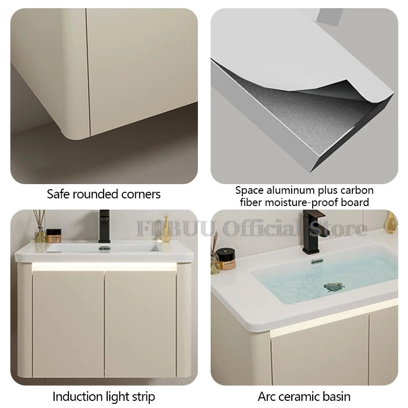 Bathroom Cabinet with Rounded Corners Ceramic Washbasin Wall-mounted Bathroom Dressing Storage Cabinet with Mirror and Faucet