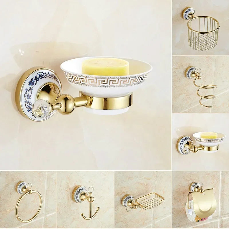 Bathroom Accessories Wall Mounted Paper Holder Toilet Gold Towel Ring Soap Box Cup Holder Luxury Ceramic Bathroom Hardware Set