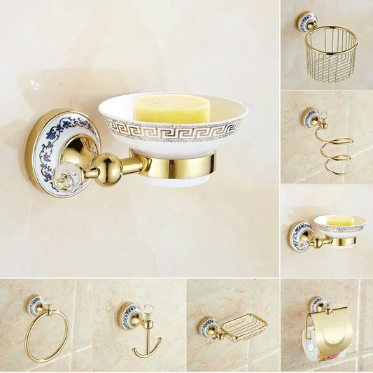 Bathroom Accessories Wall Mounted Paper Holder Toilet Gold Towel Ring Soap Box Cup Holder Luxury Ceramic Bathroom Hardware Set