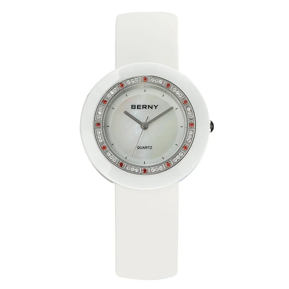 BERNY Women's Bracelet Watches Diamond Ceramics Watch Luxury Wristwatch Quartz Watch Waterproof  Ultra Light weight Women Watch