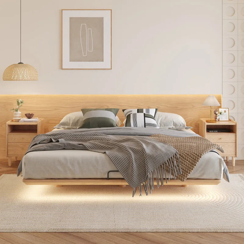 Suspended Bed Minimalist Ash Wood Bedside Frame 2023 New Wabi **** Wind Master Bedroom Simple Pure Solid Wood Bed With Lamp