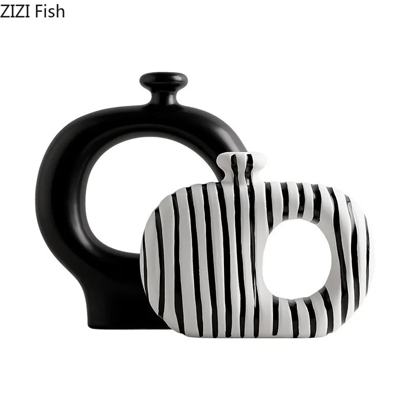 Zebra Stripes Ceramic Vase Artificial Flower Decorative Flowers Pots Desk Decoration Modern Floral Vases Room Aesthetic Decor