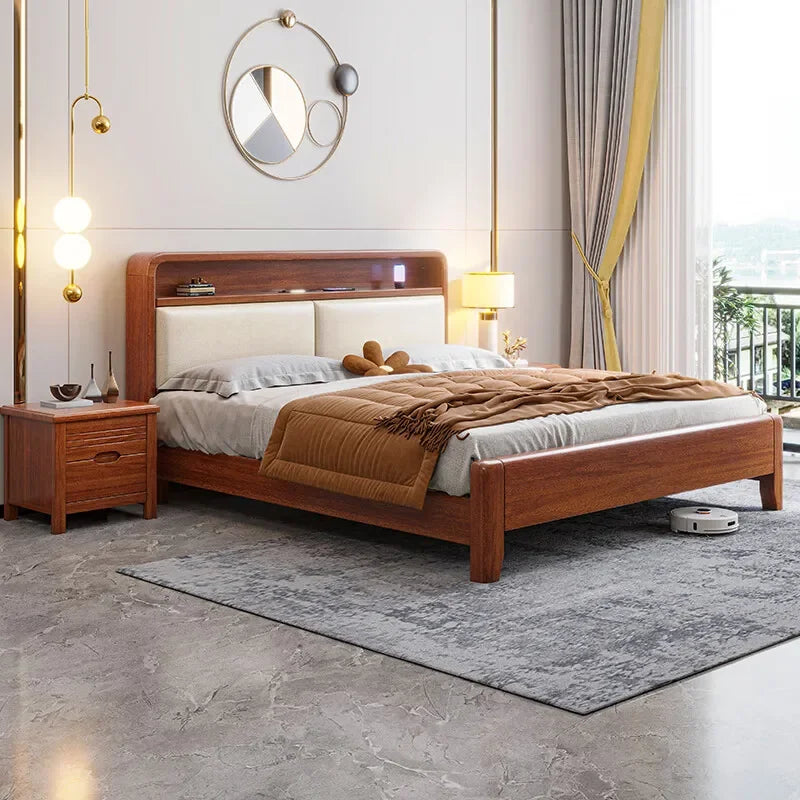 Walnut solid wood bed Modern simple with storage New Chinese master bedroom wedding bed