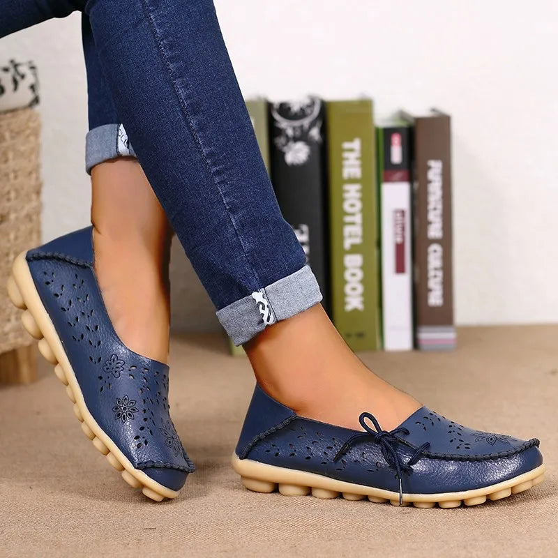 Genuine Leather Women Flats Fashion Casual Women Shoes Hollow Women's Shoes Slip On Flat Shoes Ballerina Plus Size Zapatos Mujer