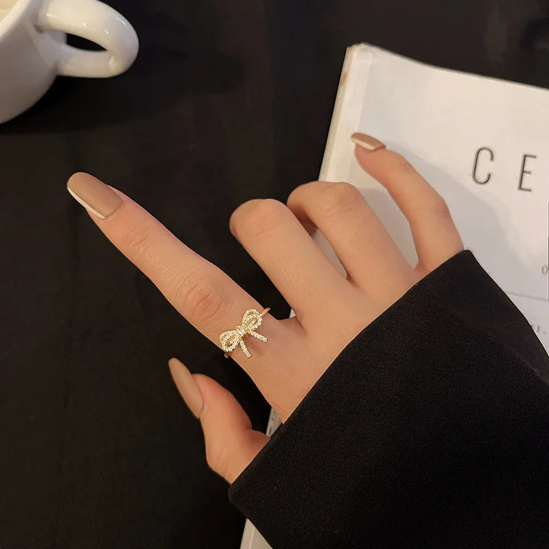 Minimalist Bowknot Opening Rings For Women Gold Silver Color Crystal Zirconia Bow Knot Finger Rings Female Wedding Jewelry