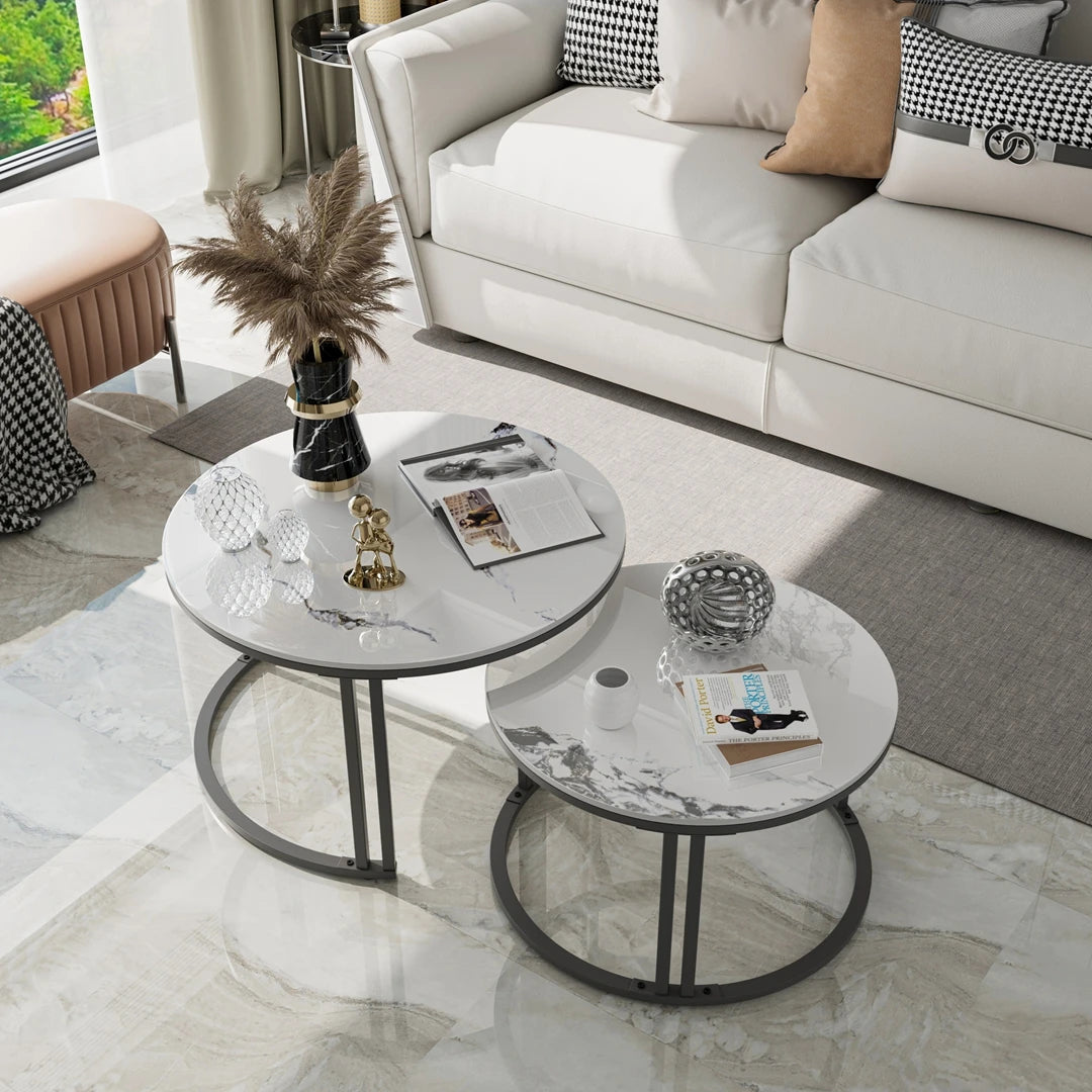 Nested Coffee Table: Set of 2 Modern Round Nesting Coffee Table Sintered Stone-top Stacking Sofa Accent Table for Living Room