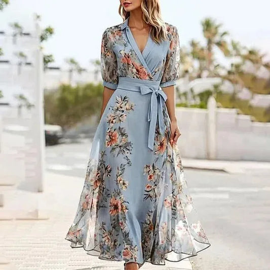 European and American Women's Clothing, Short-sleeved V-neck, Digital Printing, Thin Waist, Dress.