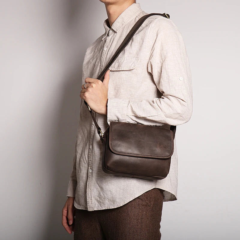 Real Leather Men's Shoulder Bag Vintage Daily Zipper Flap Phone Bag Man Simple Bag Crazy Horse Leather Retro Sling Ba