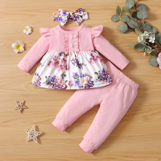 Infant Baby Girls' Clothing Long Sleeve Tops+Pants+Headwear Sets Flower Print Fashion Baby's Set Baby Clothes 3 6 12 24 Months