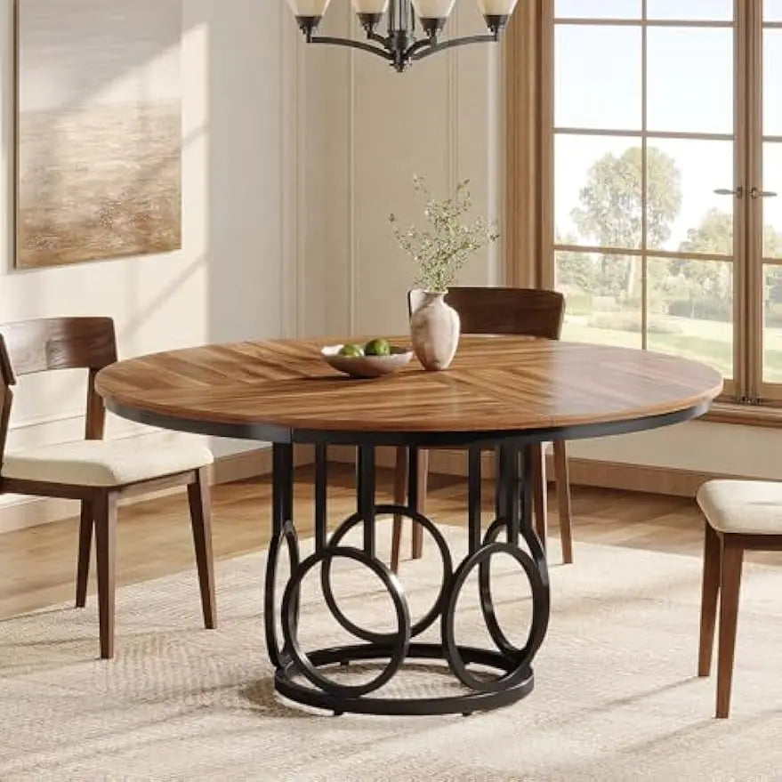 Round Dining Table, Wood Kitchen Table with Sturdy Metal Base, Large Circle Dinner Table for Dining Room, Kitchen, Living Room