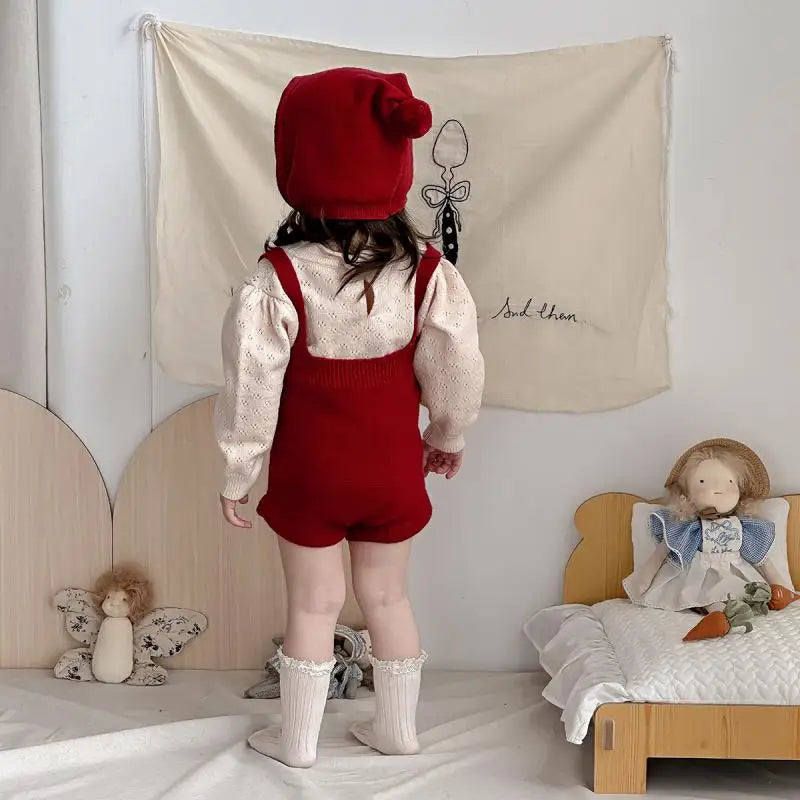 Baby Girl Clothes Autumn Solid Color Long Sleeves Knitwear Top Knitted Suspender Shorts Two Piece Sets Girl Sweater Set