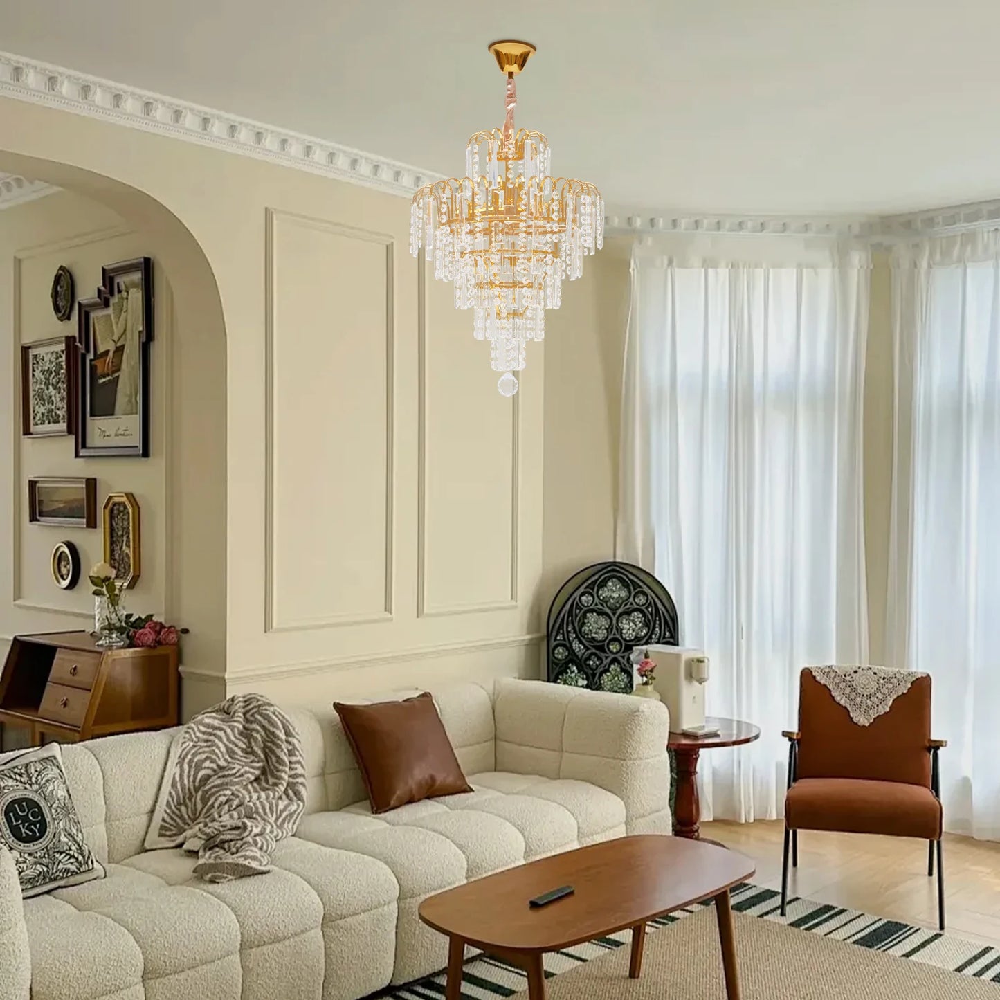 Crystal Chandelier, Adjustable Chain, Golden Tone, Ambient Lighting for Living Room