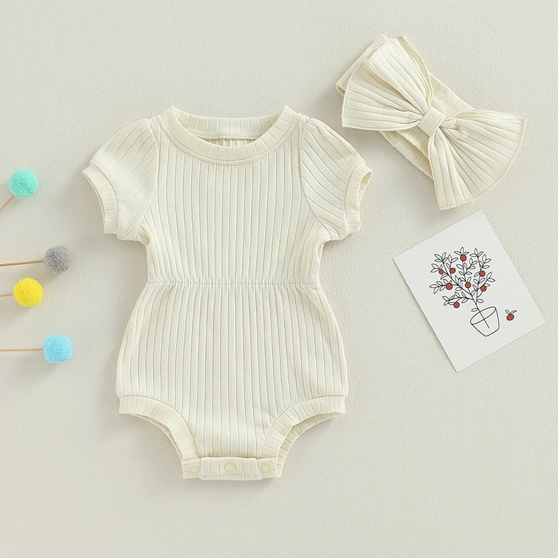 Newborn Baby Girl Clothes Solid Color Ribbed Knit Short Sleeve Romper Bodysuit Jumpsuit with Headband Summer Outfit