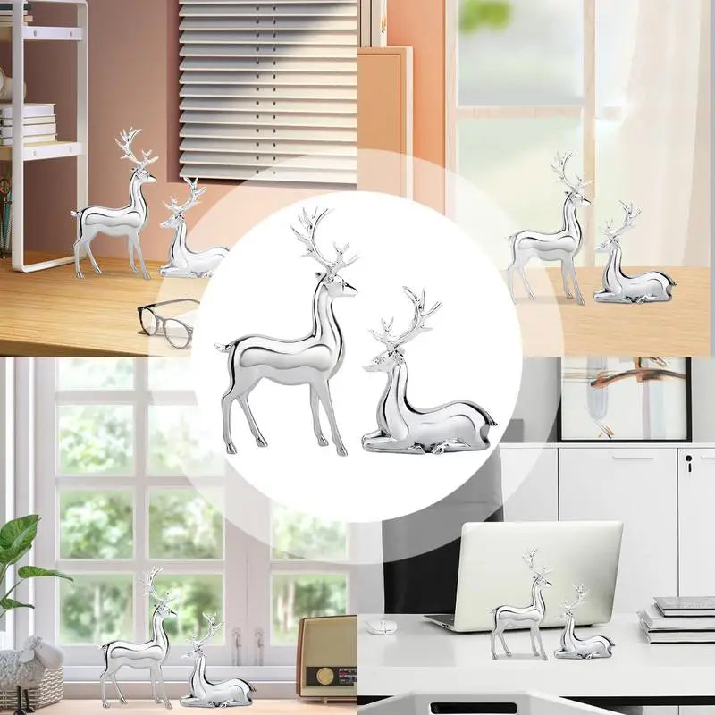 Silver Deer 2PCS Electroplated Silver Deer Figurine Handicraft Piece Resin Sculpture Christmas Center Table Decorations