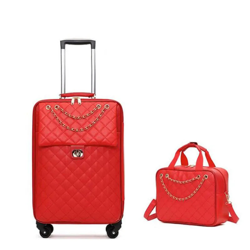 9018 20"24"28" INCH Women Leather Trolley Rolling Luggage Check In Cabin Spinner Suitcase For Travelling