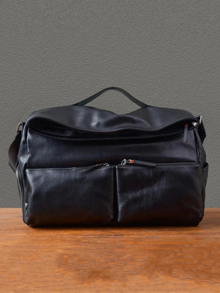 Retro Designer Men New Black Cowskin Genuine Leather Travel Bag Big Capacity Casual Tote Handbag Single Shoulder Crossbody Bag