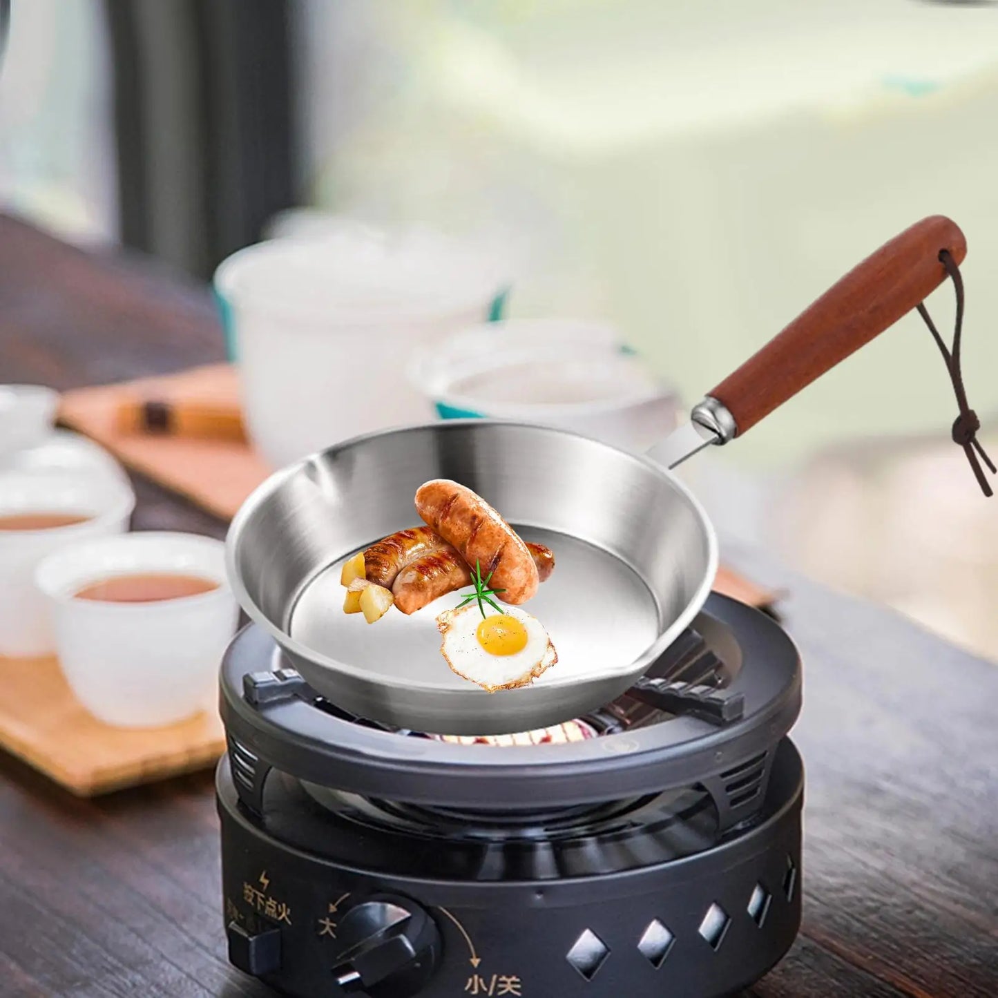 Kitchen Stainless Steel Fry Pan Cooking Eggs Sandwich Kitchen Cookware Wood Handle Butter Warmer Steak Grilling Pan for Home Rvs