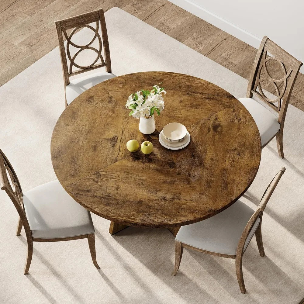 Round Large Dining Table Farmhouse Dinner Table with Wooden Top and Legs for Home Dining Room