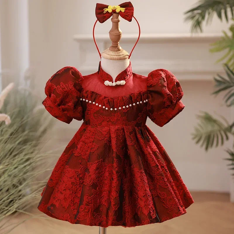 Baby Girl Clothing Children Flower Dress Outfits Birthday Baptism Elegant Kids Bow Boutique Party Red Ball Gown Toddler Clothes