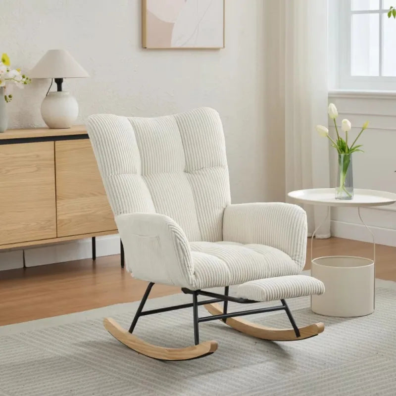 Modern Rocking Upholstered Glider Chair with High Backrest Rocker Accent Armchair with Solid Wood Legs Bedroom Living Room Chair