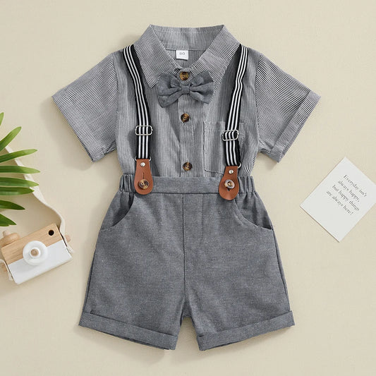 2024-02-29 Lioraitiin Toddler Baby Boy Gentleman Set Stripe Pattern Short Sleeve Shirt with Suspender Shorts 2Pcs Outfit