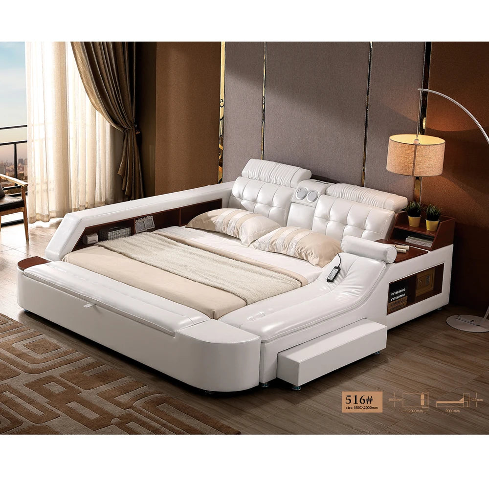 Linlamlim Tech Smart Multifunctional Bed Frame with Genuine Leather, Bluetooth Speaker, and Massage | Ultimate Soft Tatami Lit