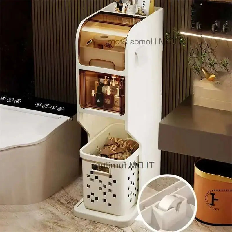 Bathroom Gap Storage Cabinet Toilet Movable Storage Rack with Drawer Bathroom cabinet Floor Shelve with Dirty Clothes Basket Z