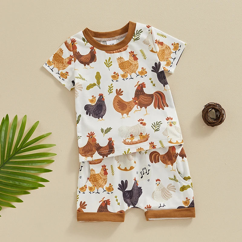 2024-01-16 Lioraitiin 3M-3Y Toddler Baby Boy Farm Clothes Western Farm Chicken Animals Tractor Shirt Short Pant Summer Outfit