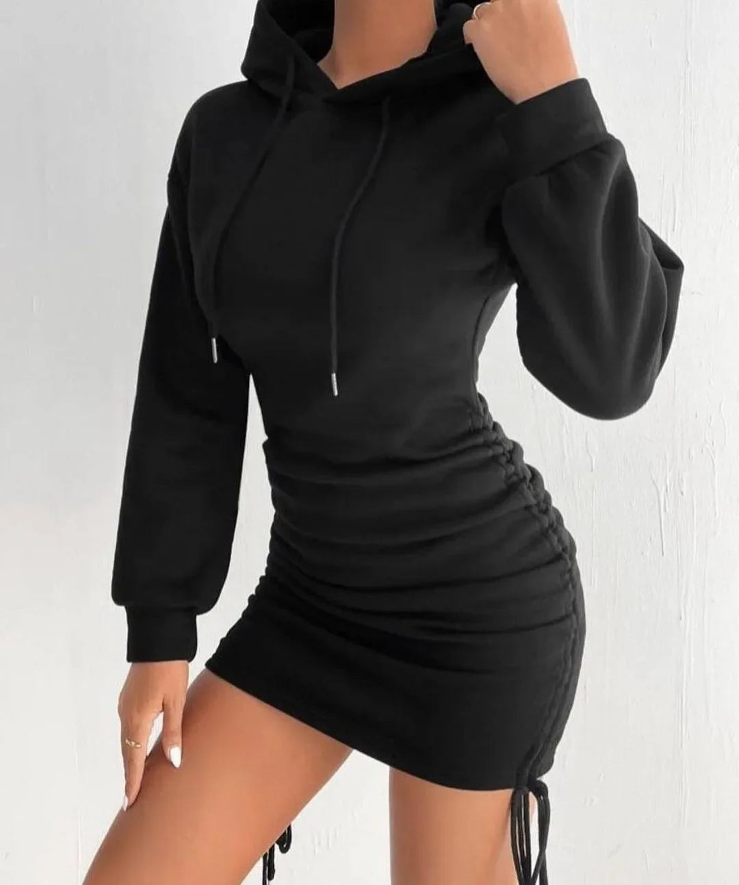 Drop Shoulder Drawstring Ruched Hoodie Dress For Spring & Summer Women's Clothing