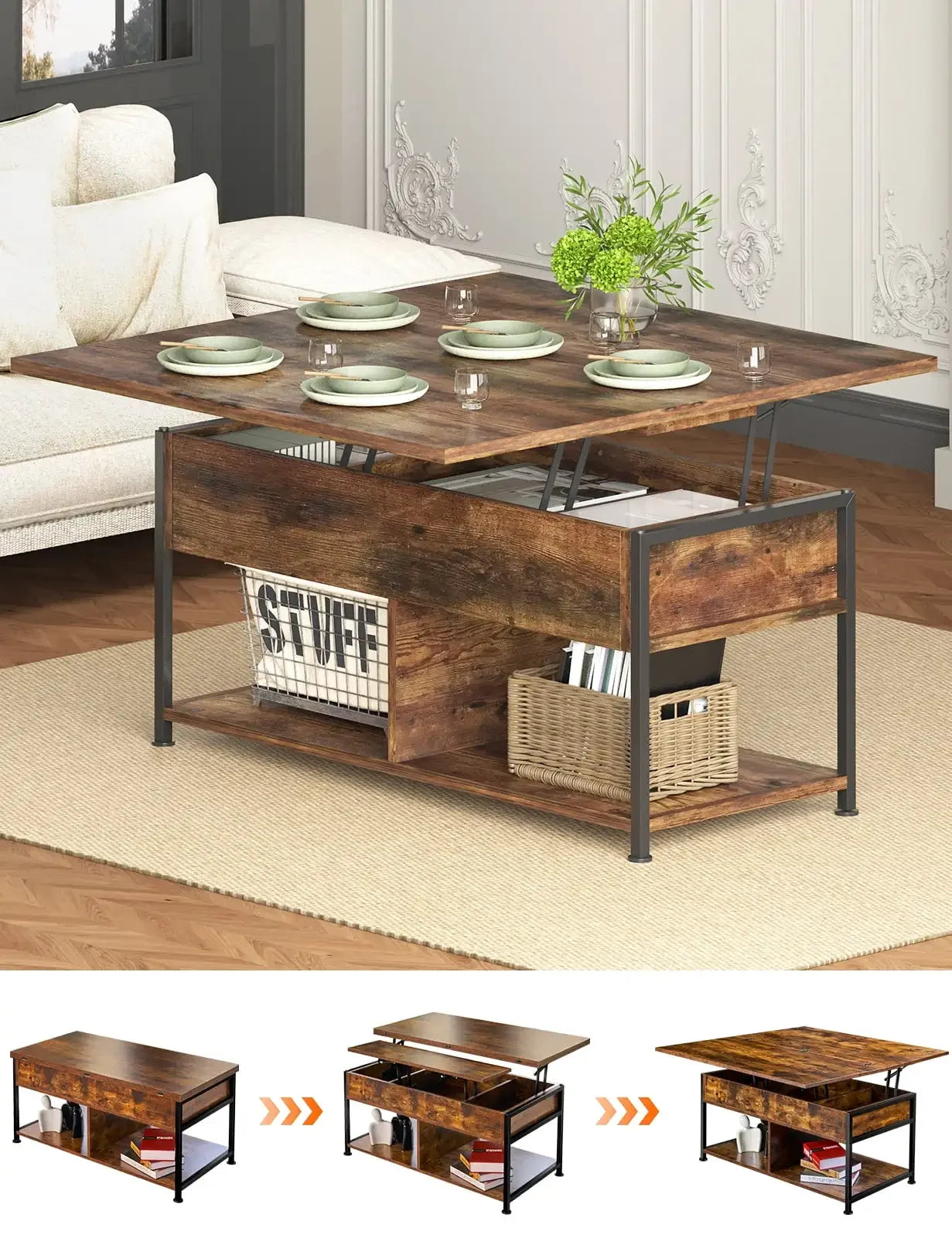 40" Lift Top Coffee Table with Storage for Living Room, Rustic Brown
