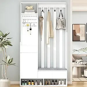 Hall Tree with Bench And Shoe Storage,6-In-1 Hall Tree with Coat Rack And Drawer,Entryway Hall Tree with 4 Hooks And Removable C