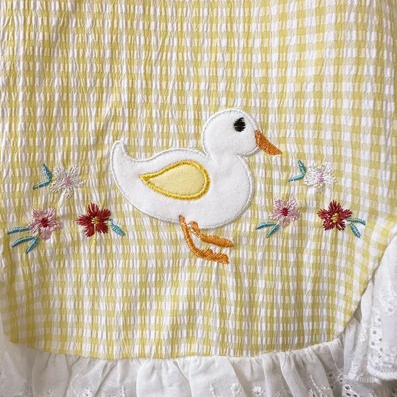 0-24M Baby Girl Summer Romper Dress Cotton Cartoon Duck Embroidery Lace Gingham Princess Sleeveless Sweet Baby Clothes