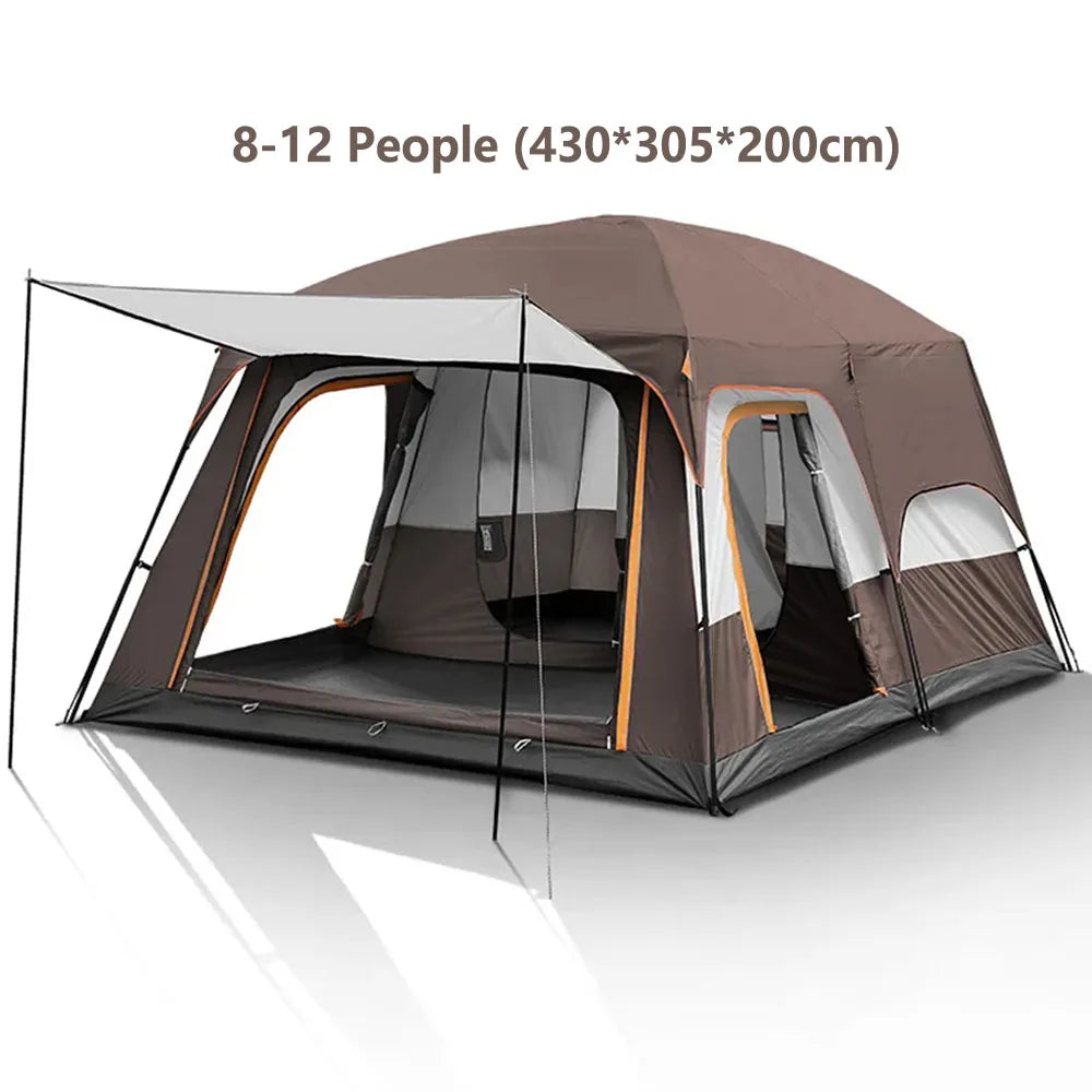 3-12 Person Outdoor Camping Team Tent Double Layers Oversize 2 Bedrooms Thickened Rainproof Company Family Camp Tour Equipment