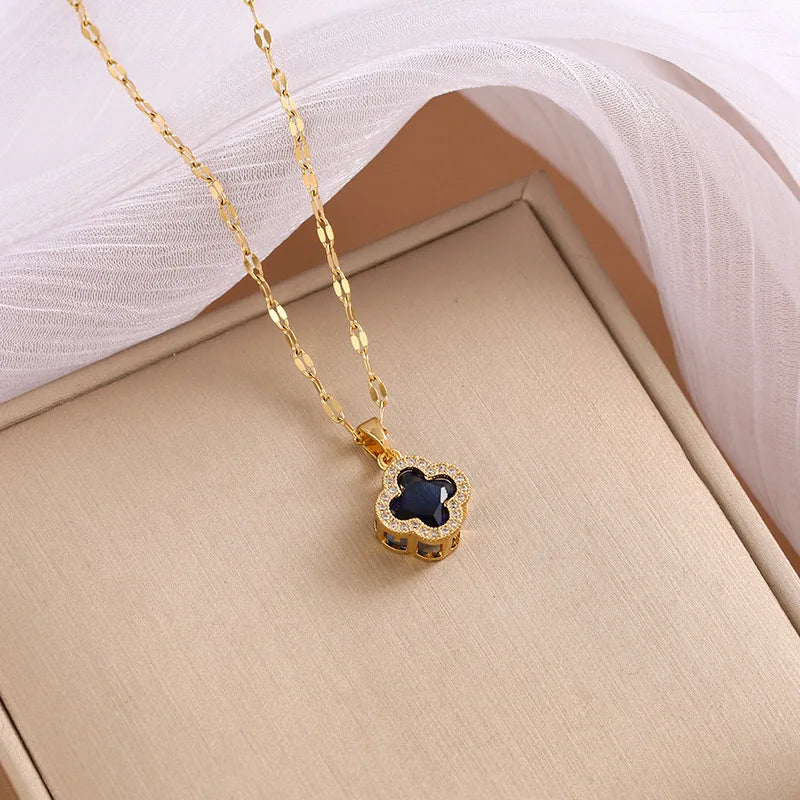 Multicolor zircon four-leaf clover necklace female personality fashion niche collarbone chain design sense
