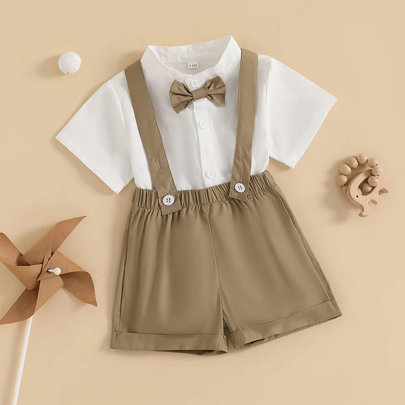 2024-12-04 Lioraitiin Summer Toddler Boys Clothes Set Gentleman Outfit Solid Color Short Sleeve Romper with Suspender Shorts Set