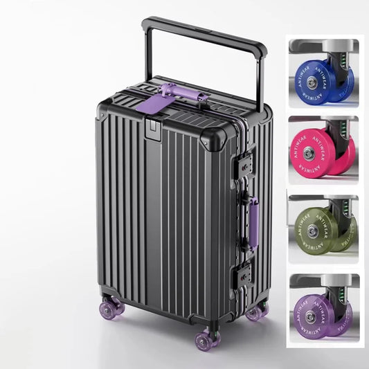 New Aluminum Frame Wide Handlebar Rolling Luggage Large Capacity Trolley Suitcase with Colorful Silent Spinner Wheels TSA Lock