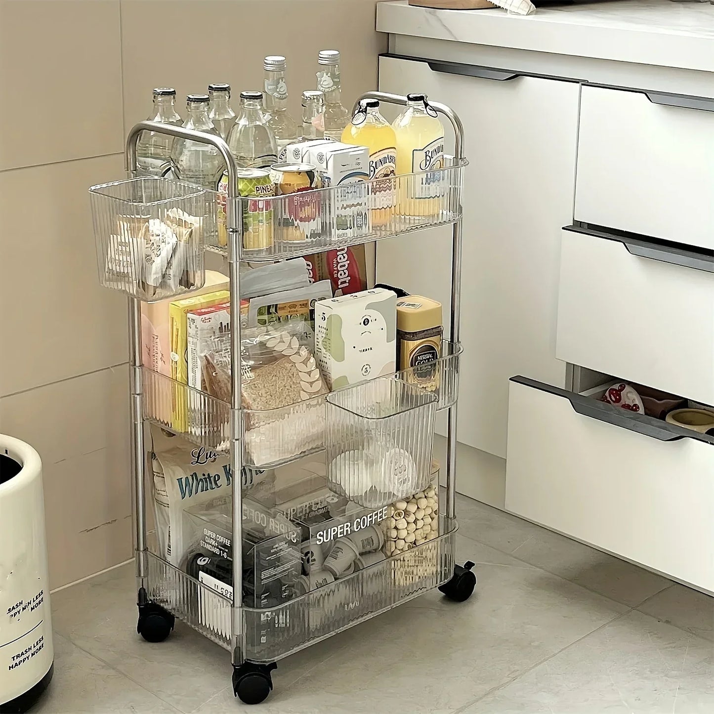 3 Tier Clear Storage Cart with Wheels - Multifunctional Rolling Organizer for Bedroom Living Room & Office